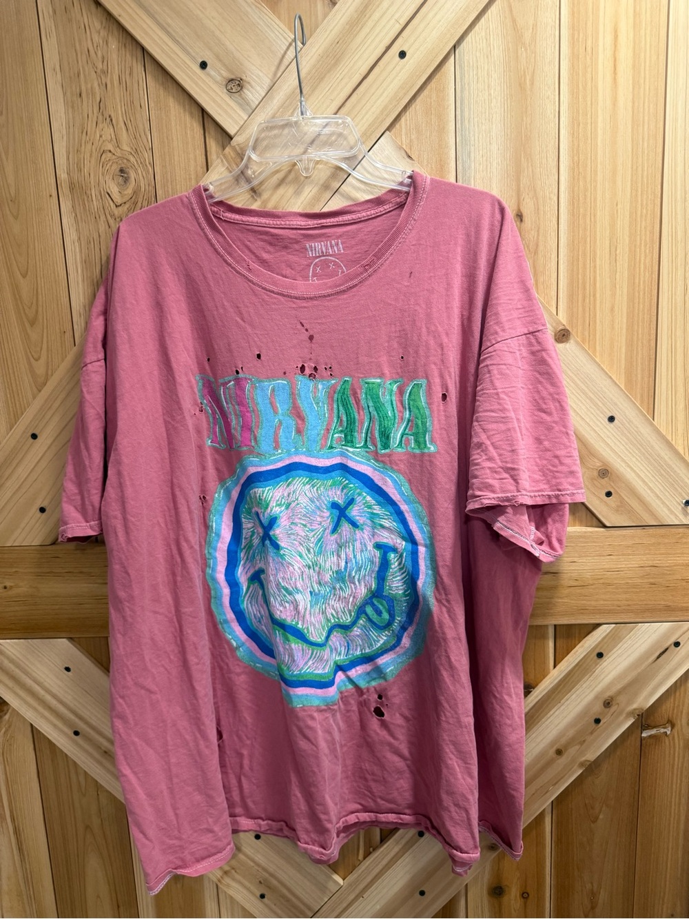 NIRVANA Pink Tee with Neon Smiley Graphic